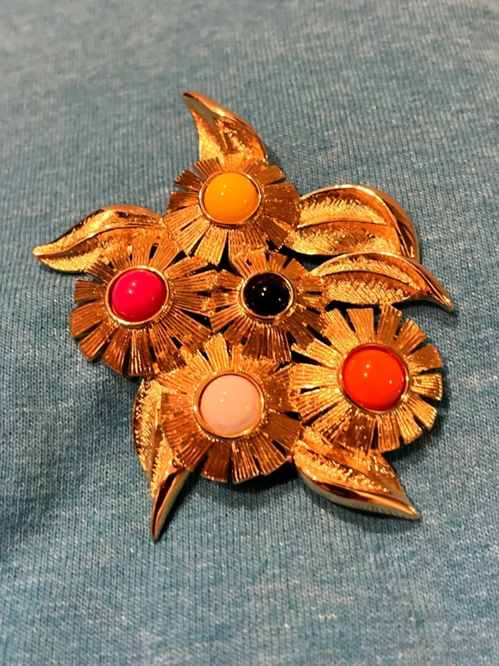 Monet Gold Floral Brooch with Pink, Yellow, Black, Orange and White Cabochons - Picture 1 of 3